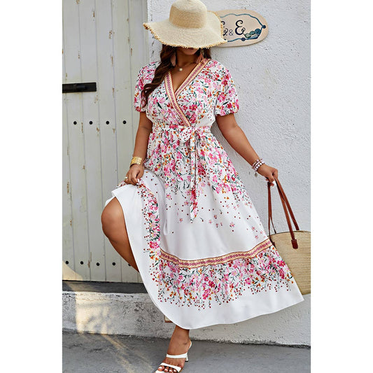 Plus Floral Print Wrap Ruffle Belt Knot Dress