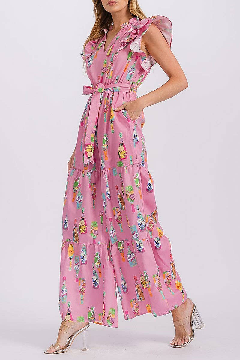 Printed Ruffle Sleeve Self-Tie Wide Leg Jumpsuit