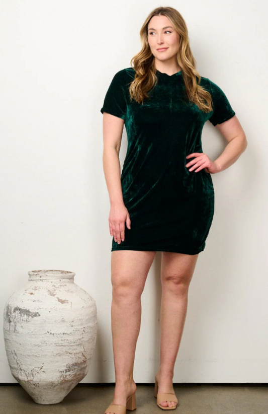 Plus Size Short Sleeve Front Mock Neck Side Ruched Bodycon Mini Dress