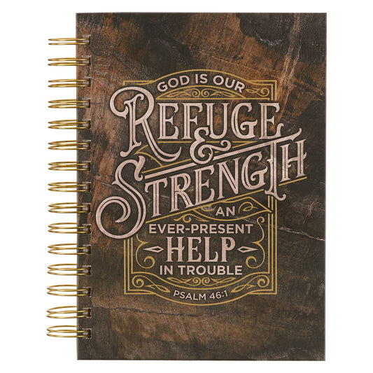 Refuge and Strength Brown/Black Woodgrain Wirebound Journal