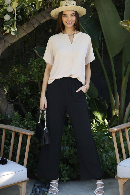 Easy Pull-On Cotton Linen Pants with Side Pocket - Black