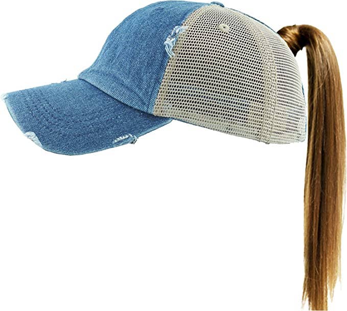 Classic Back Distressed Ponycap (Mesh Denim)