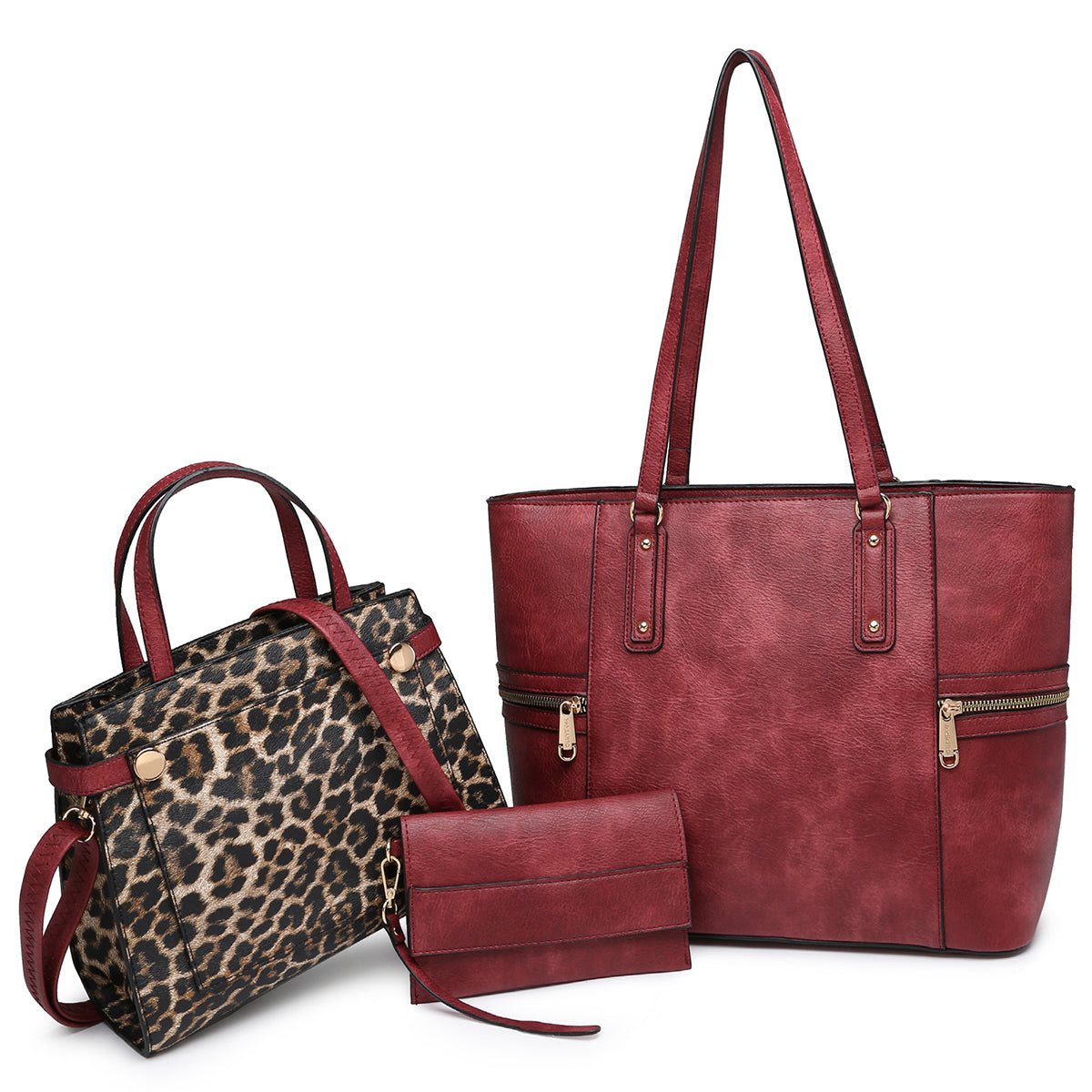3-in-1 Large Faux Leather Tote Set with Matching Mini Satchel/Messenger Bag and a Wristlet