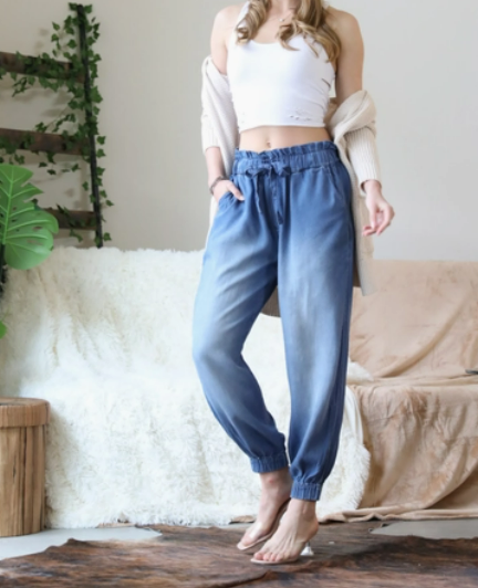 Chambray Paperbag Waist Jogger Pants w/Pockets