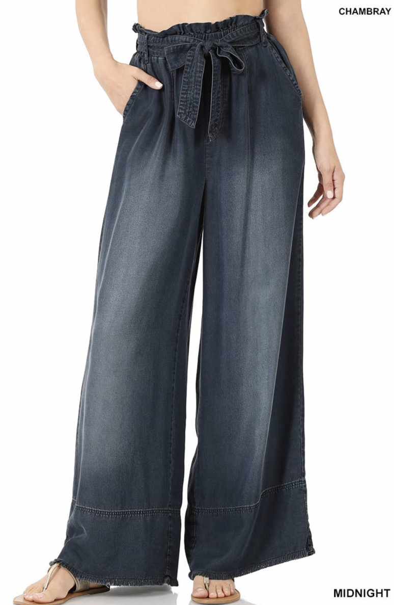 Chambray Paperbag Waist Belted Wide Leg Pants