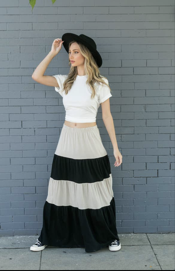 Color Block Cotton Tiered Maxi Skirt