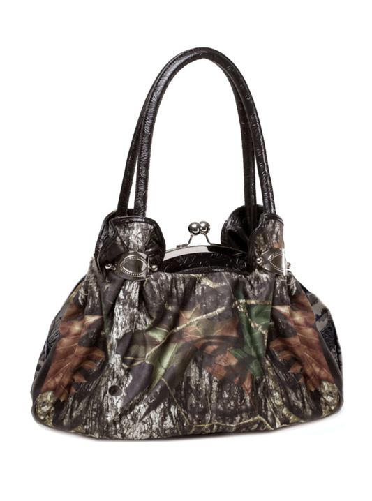 Camouflage shoulder bag w/ floral embossed trim & handles - Black