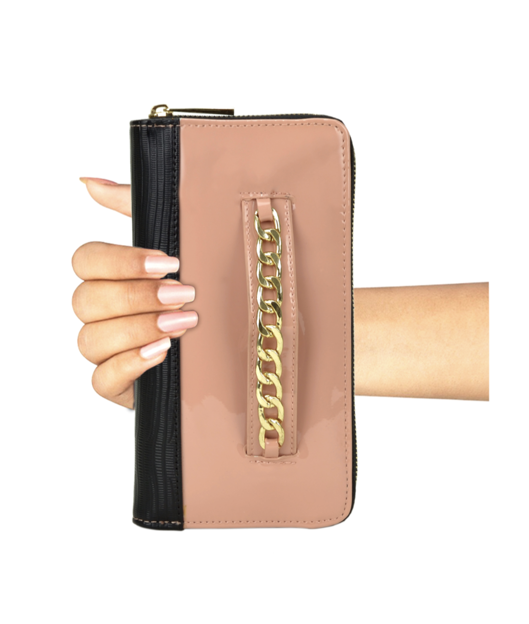 Gold-Tone Chain Faux Leather Zip Around Wallet