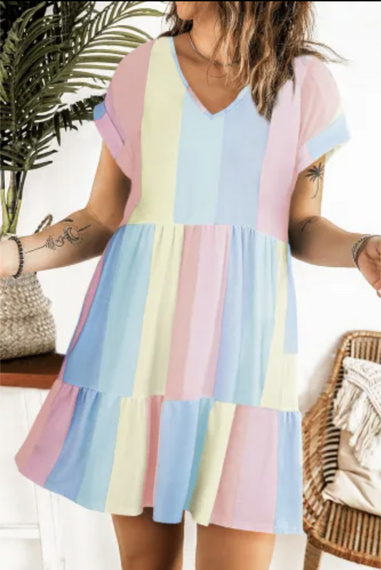 Multi Color Striped Color Block Tiered Mini Dress