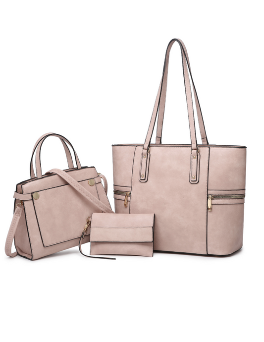 3-in-1 Large Faux Leather Tote Set with Matching Mini Satchel/Messenger Bag and a Wristlet