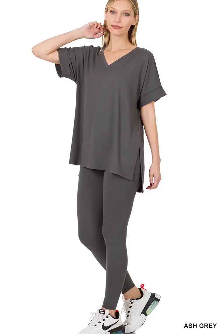 Brushed Microfiber Short Sleeve Top And Leggings Set