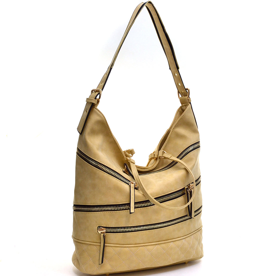 Gold-Tone Quilted Hobo Bag with Front Zipper Deco