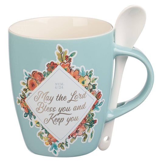 Mug with Spoon White/Teal Floral The Lord Bless You