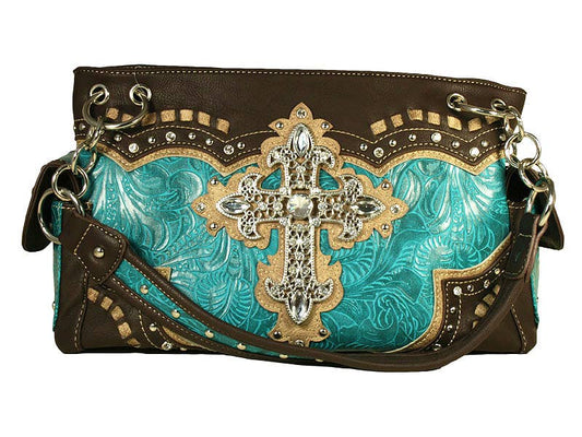 Fashion Conceal Carry Purse - Cross - Turquoise/Brown