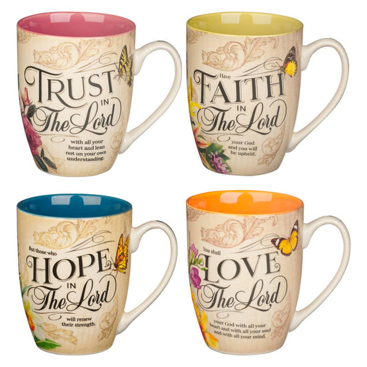 Floral Coffee Mug Set - Trust, Faith, Hope and Love